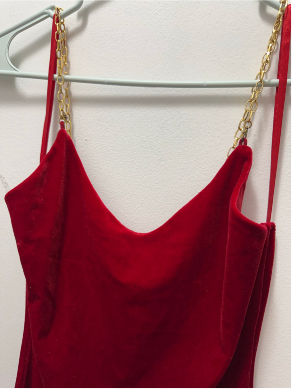 Women's Love J Red Velvet Mini Dress with Gold Chain Straps S - Picture 2 of 6